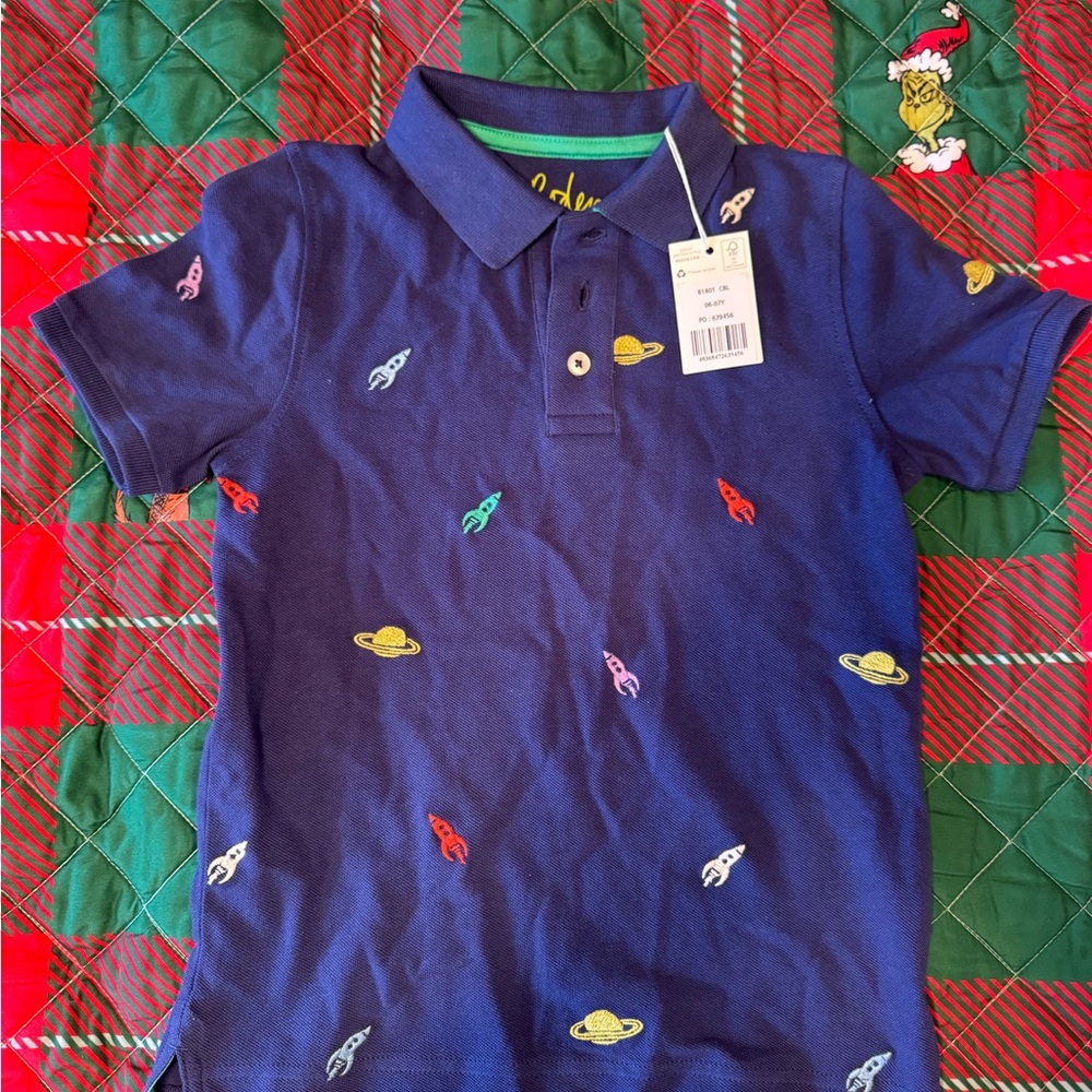 Boden Blue and Red Polo Shirt with Playful Fish Print